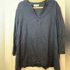 Jones New York Sport Womens XL Linen Tunic Navy Split V Neck Top